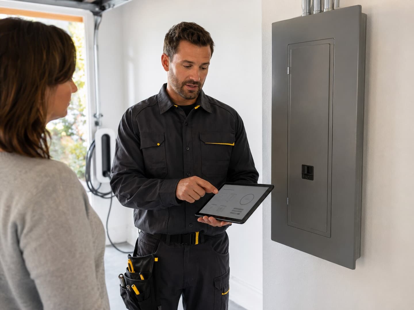 Electrician discussing a 200 amp panel upgrade and future electrical loads with a homeowner