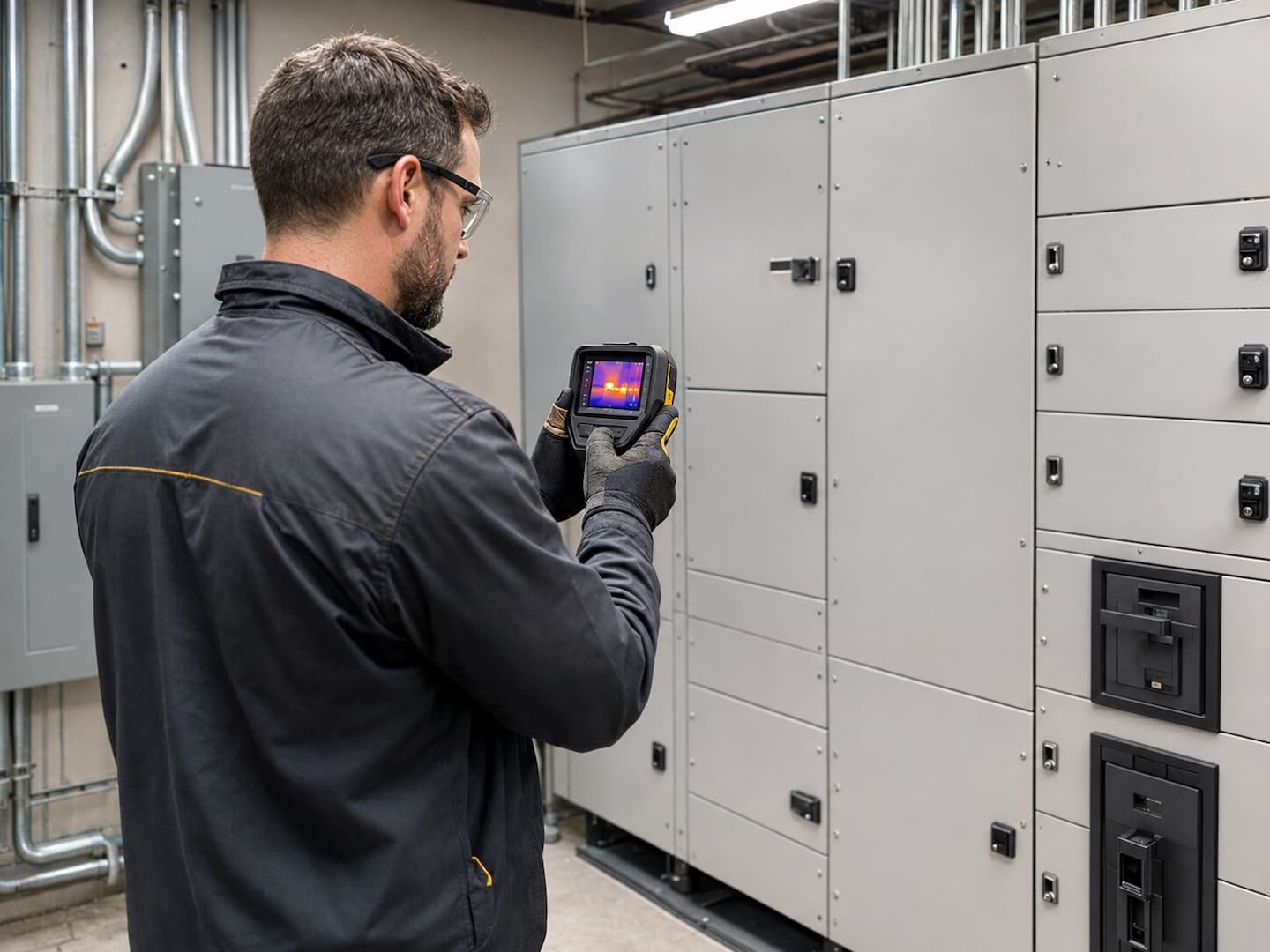 Commercial Electrical Maintenance and Thermal Inspection Commercial electrician performing a thermal inspection of electrical switchgear