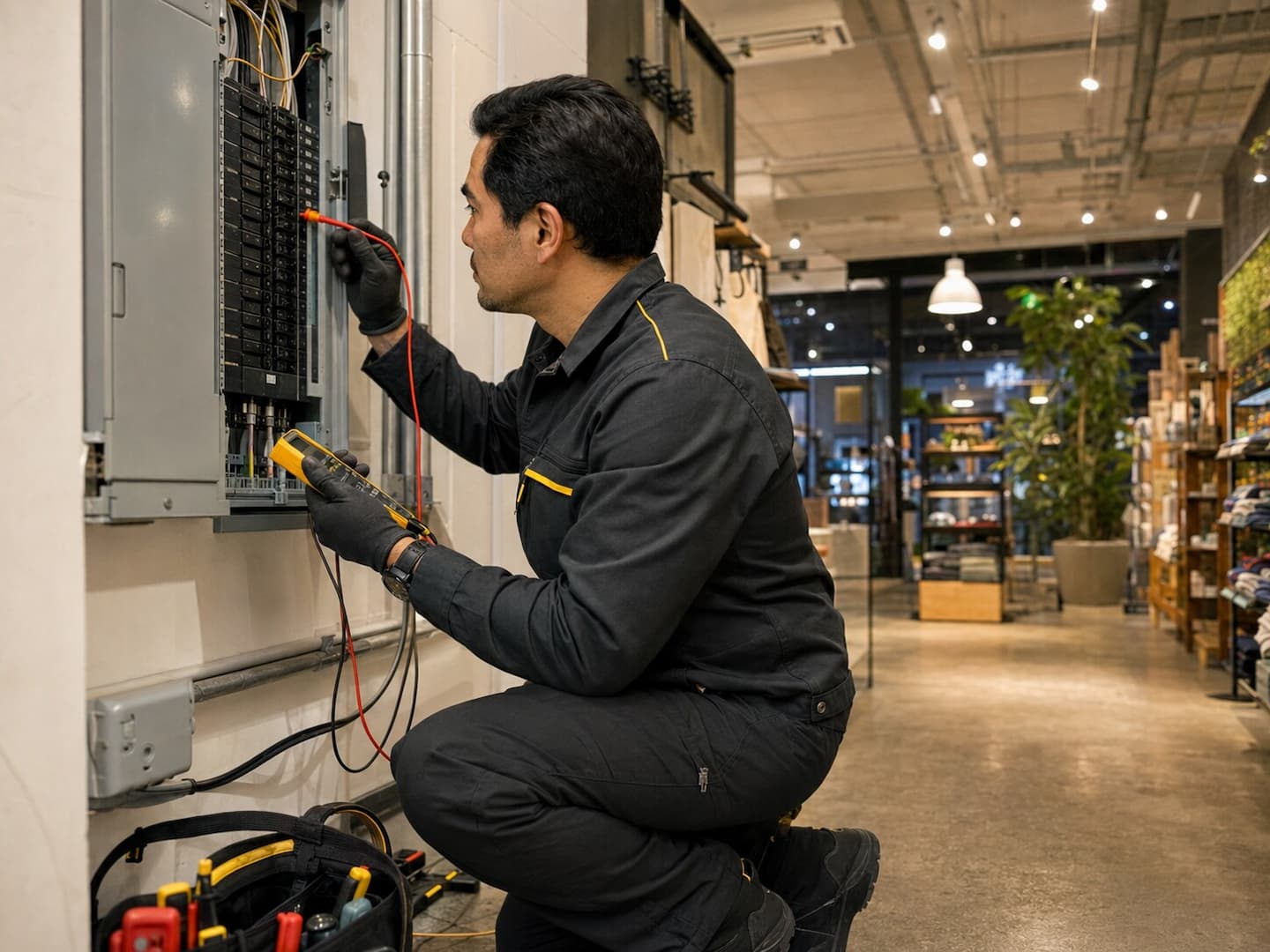Commercial Electrical Repair and Diagnostics in San Francisco Commercial electrician diagnosing an electrical panel in a San Francisco retail space