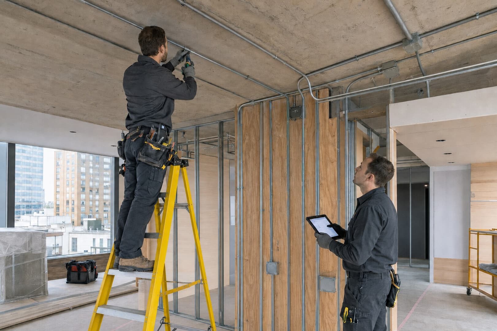 Commercial Tenant Improvement Electrical Installation in San Francisco Electricians installing conduit during a commercial tenant improvement in San Francisco