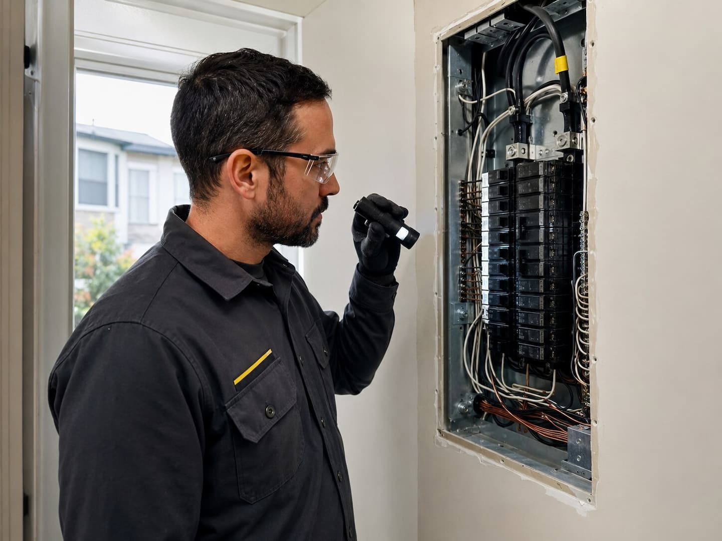 Electrician inspecting an outdated electrical panel in a San Francisco home