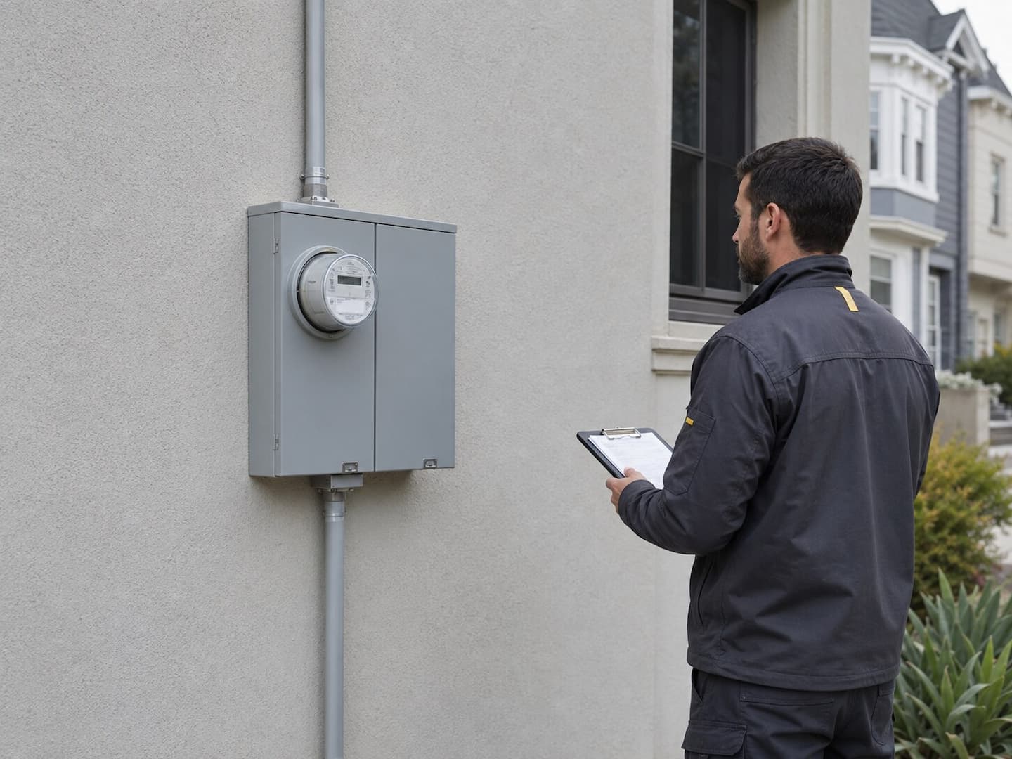 Electrician documenting completed meter-main equipment for a San Francisco panel upgrade inspection