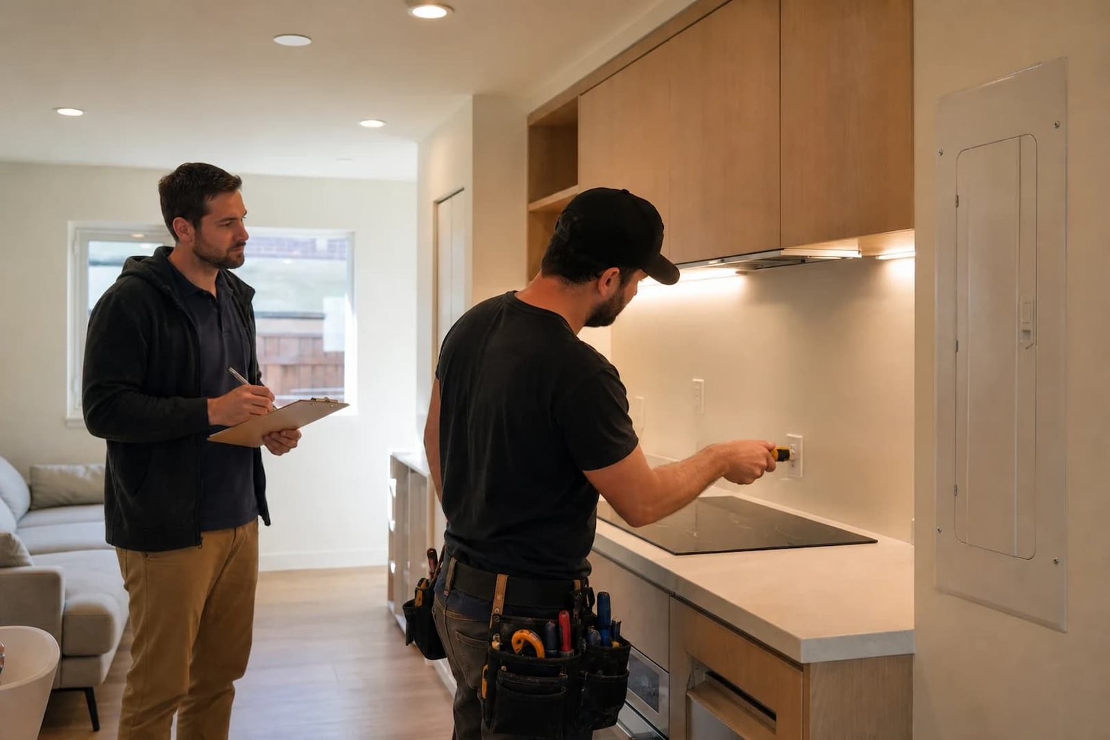 Electrician testing a finished receptacle during final electrical work in a San Francisco ADU