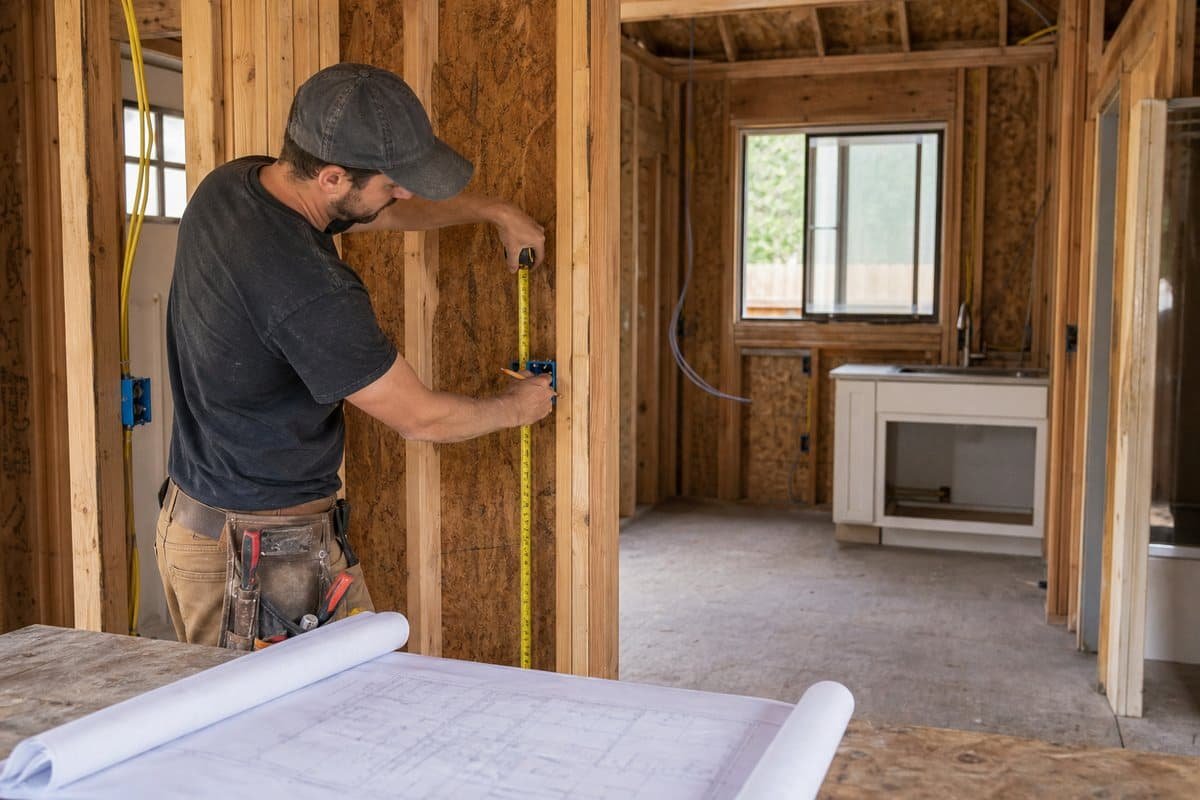 Electrician laying out outlets in a framed accessory dwelling unit