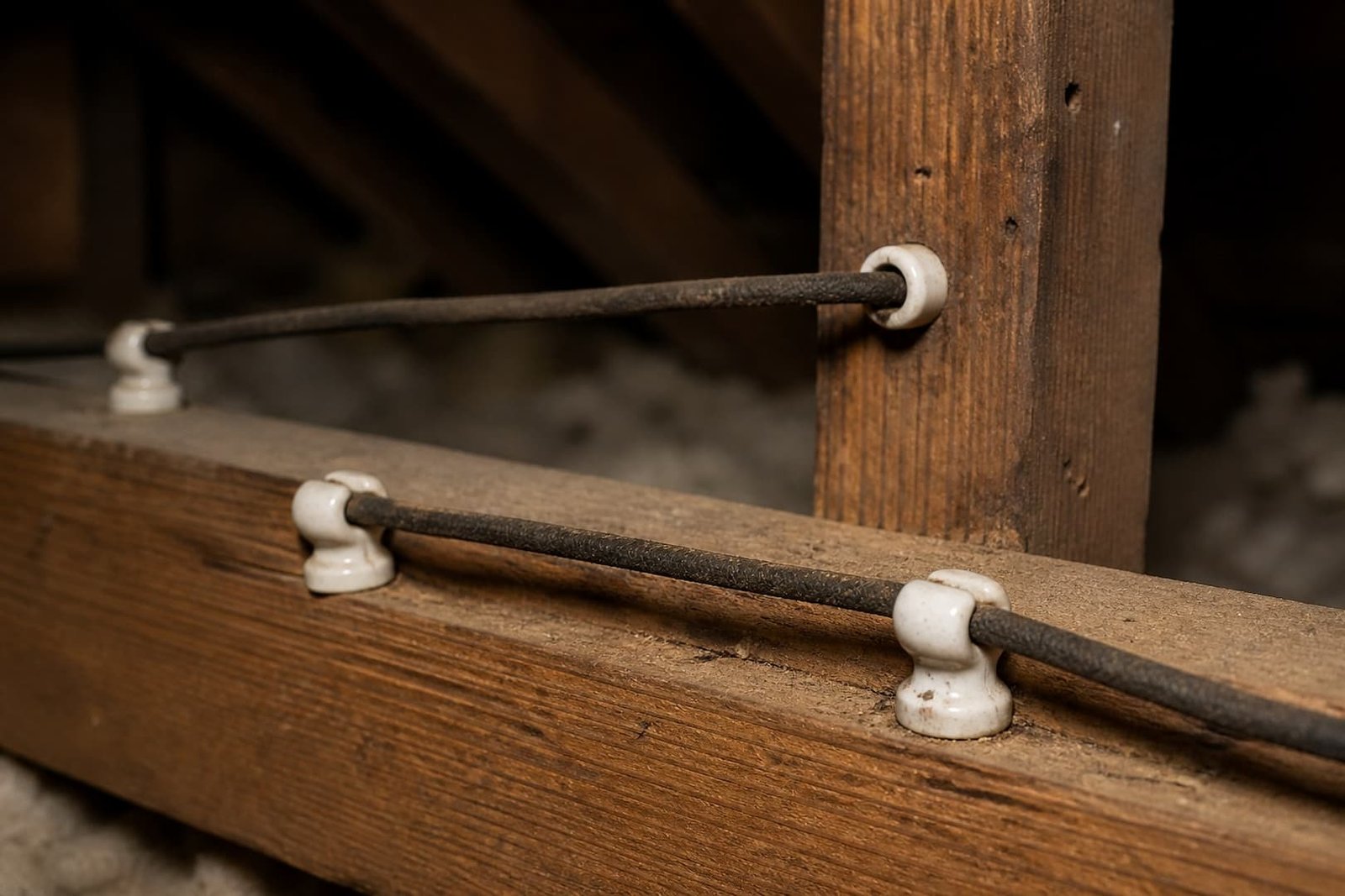 Aged cloth conductors supported by porcelain knobs and tubes