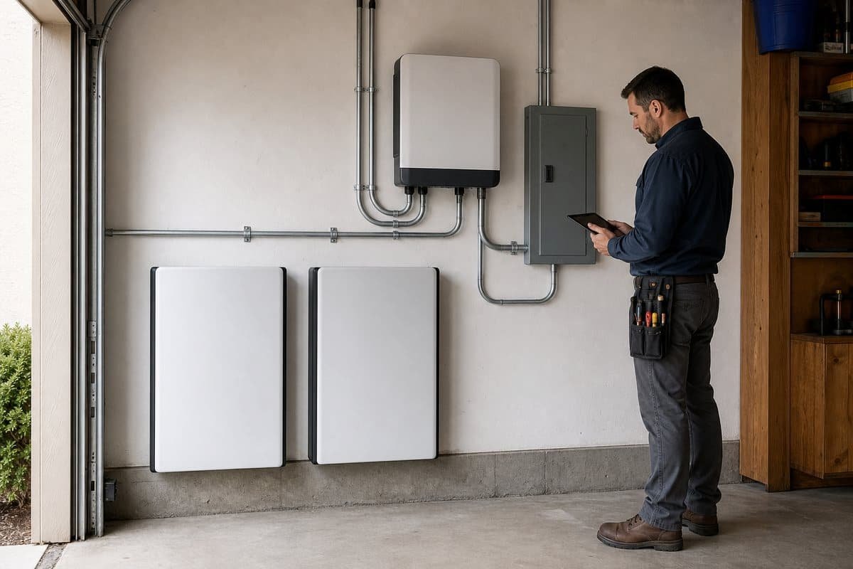 Two wall batteries with inverter and transfer equipment in a garage