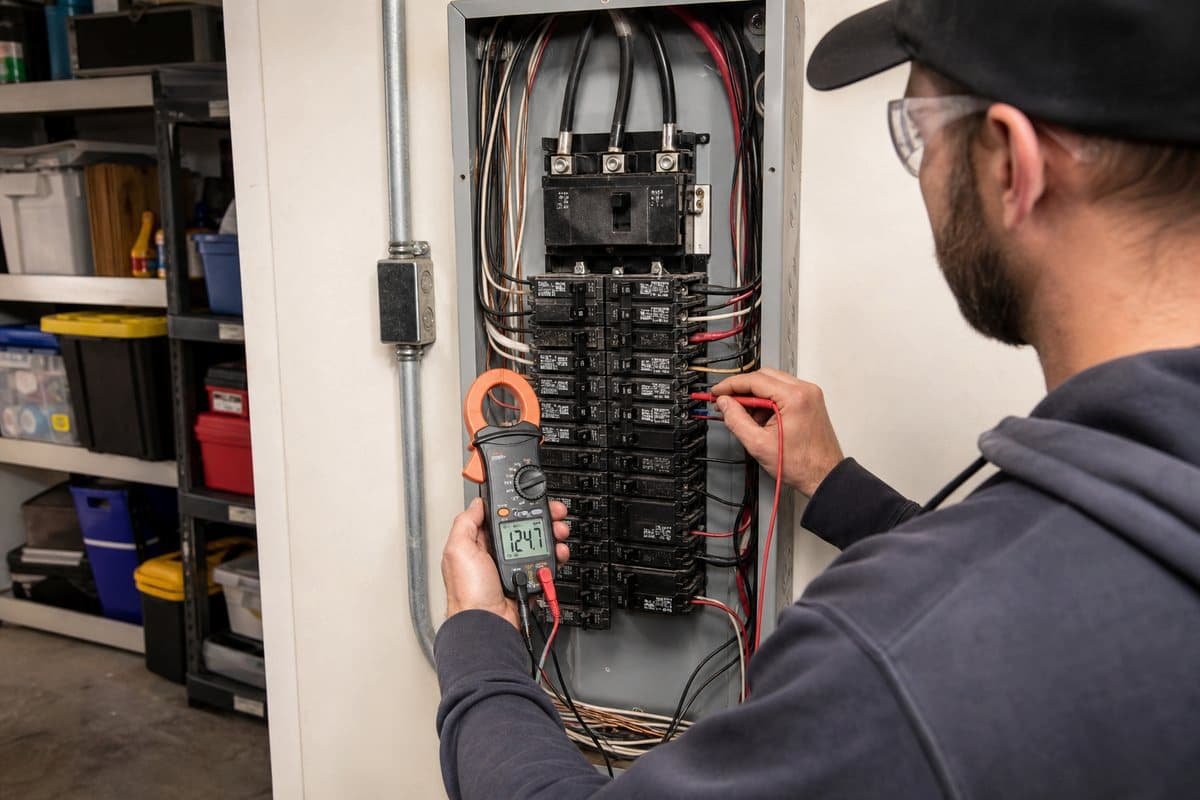 Electrician testing a residential circuit breaker panel