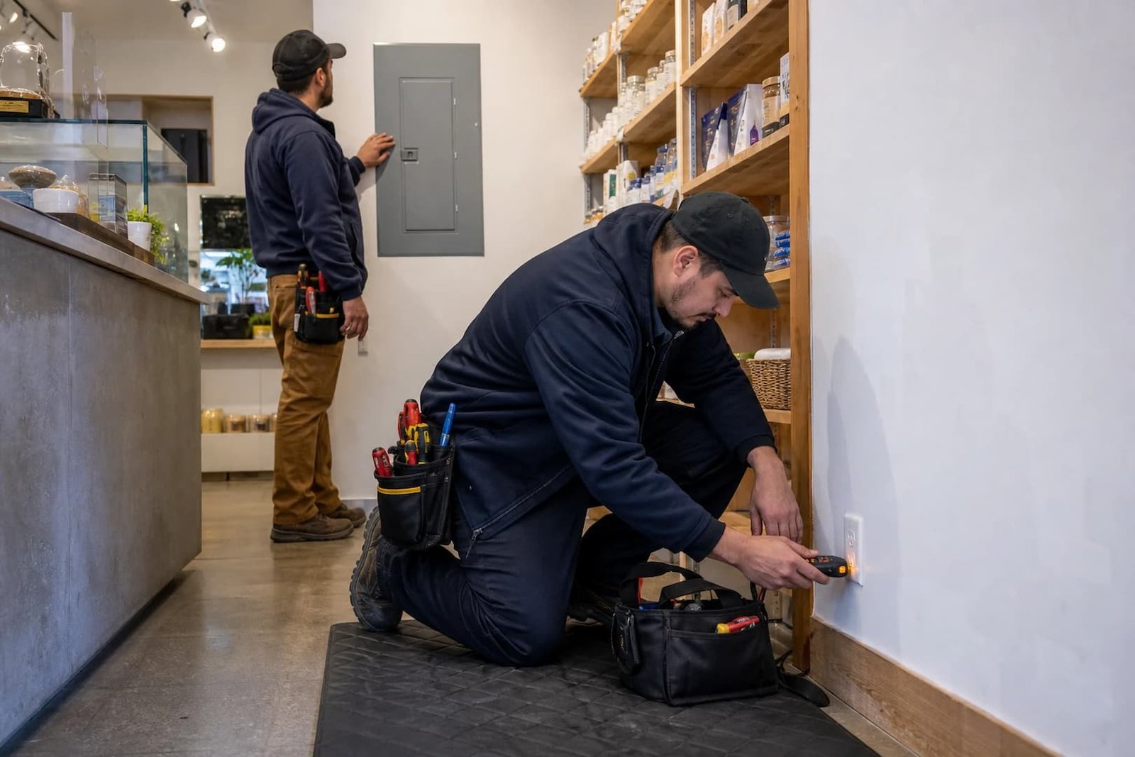 Commercial electrician tracing a receptacle circuit in a San Francisco retail space