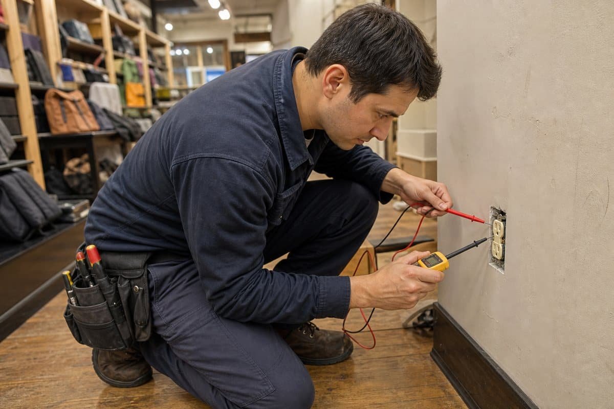 Electrician troubleshooting a receptacle circuit in a retail space