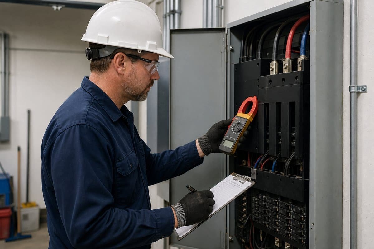 Commercial electrician inspecting a distribution panel