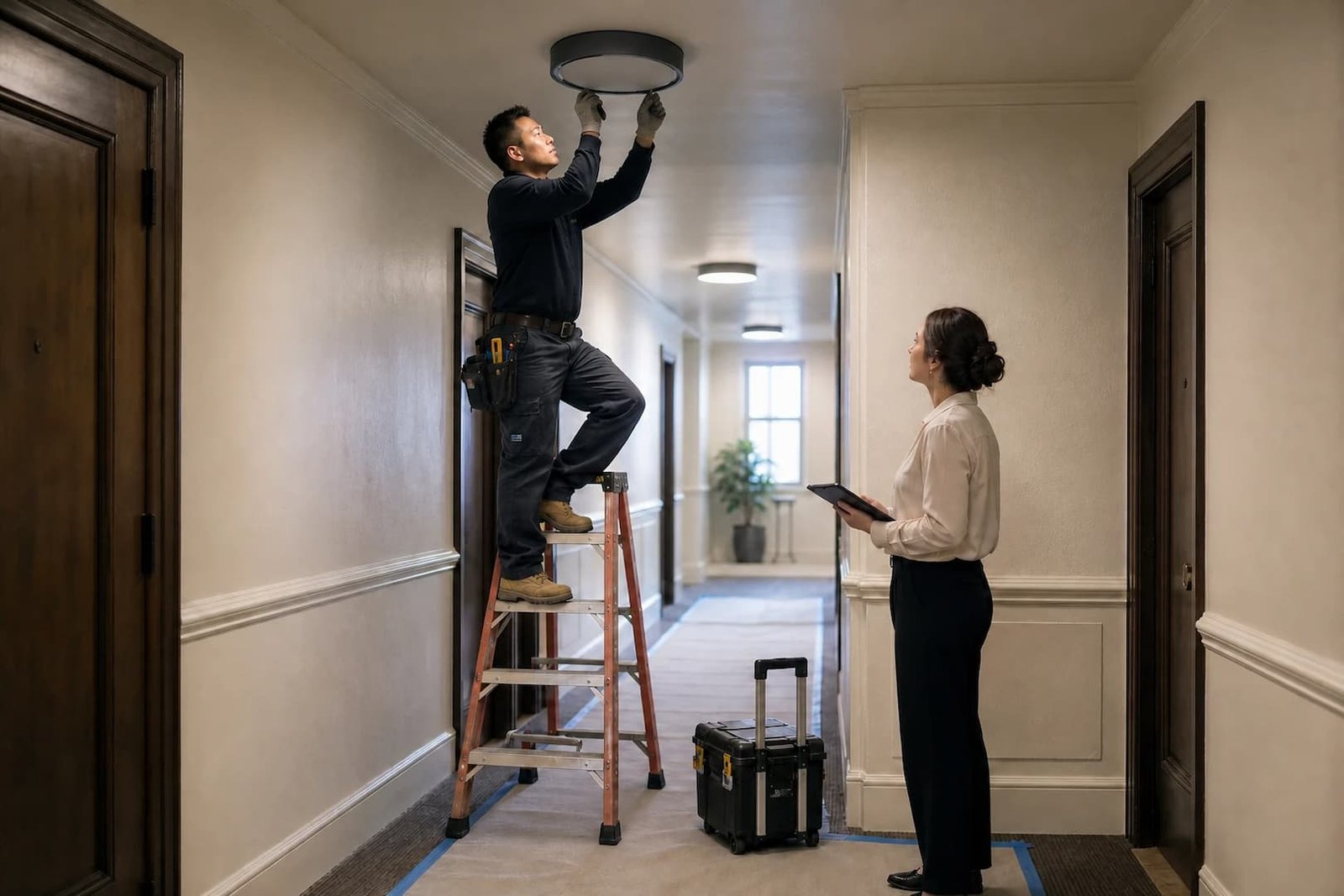 Electrician performing planned common-area lighting maintenance in an occupied apartment building