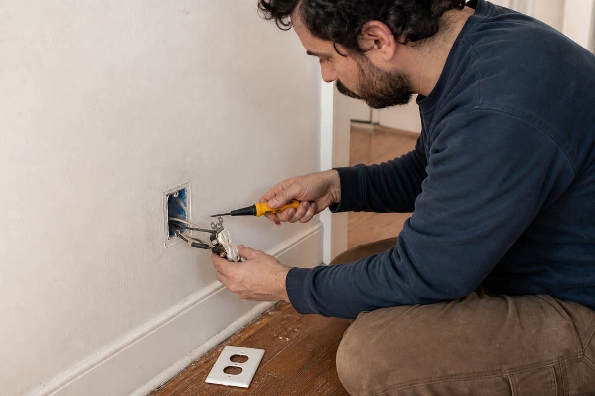 Electrician troubleshooting an electrical outlet in a San Francisco home