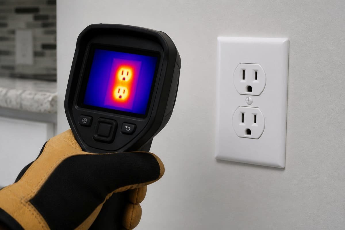 Electrician using a thermal camera during an urgent outlet inspection