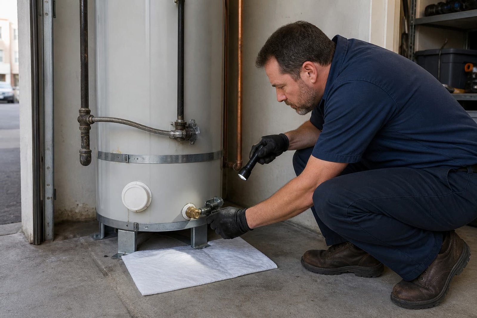 Plumber preparing for emergency water heater repair in san francisco