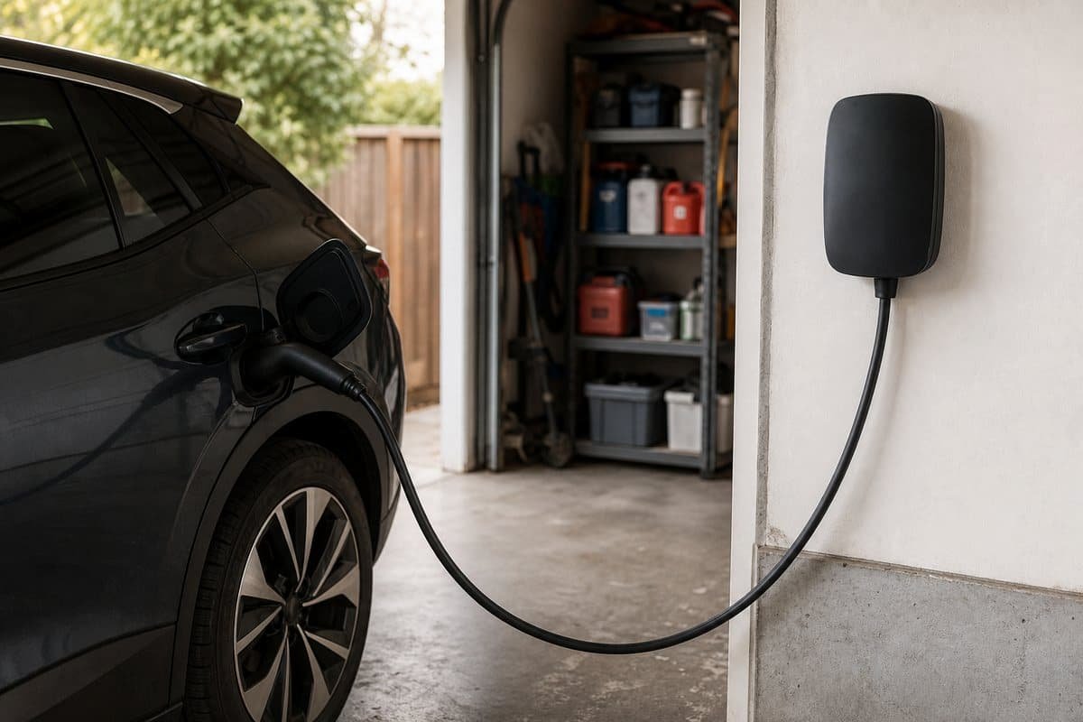 Wall-mounted electric vehicle charger installed in a home garage