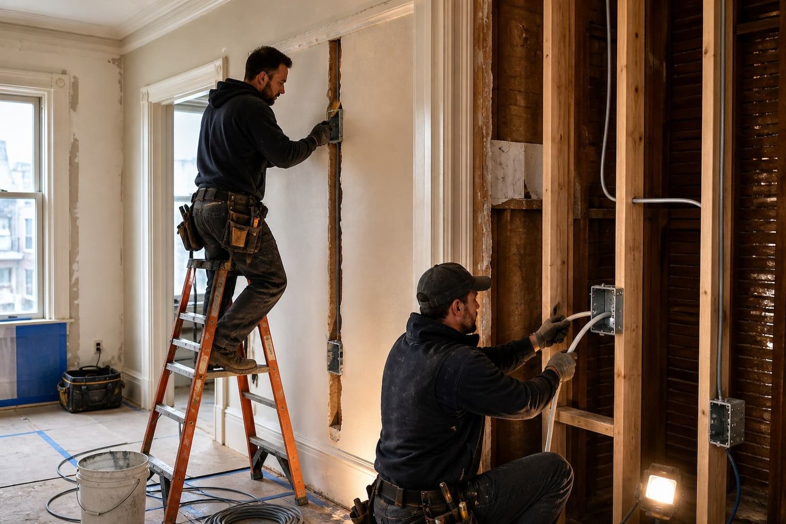 Electricians rewiring an older San Francisco home through planned access