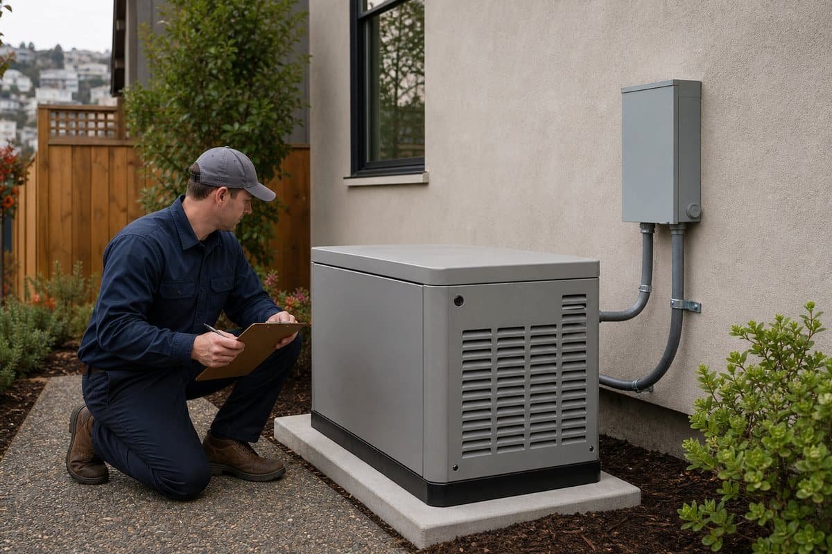 Residential standby generator and transfer switch installed beside a home