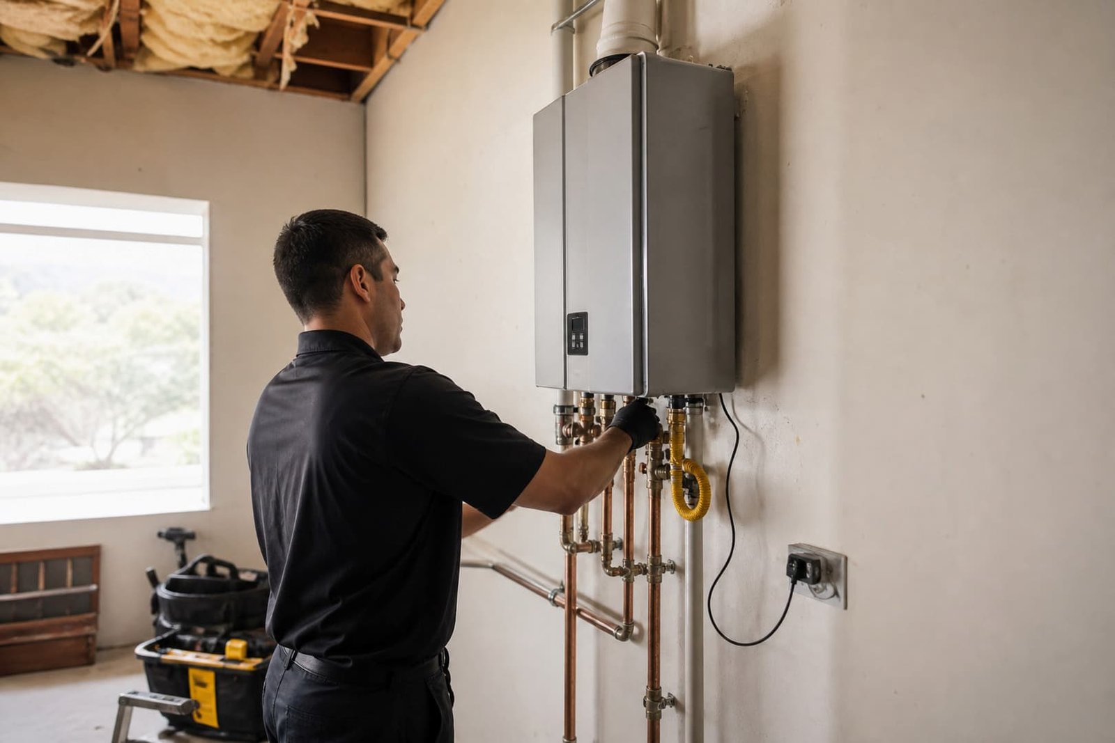 Professional tankless water heater installation in san francisco work area and equipment