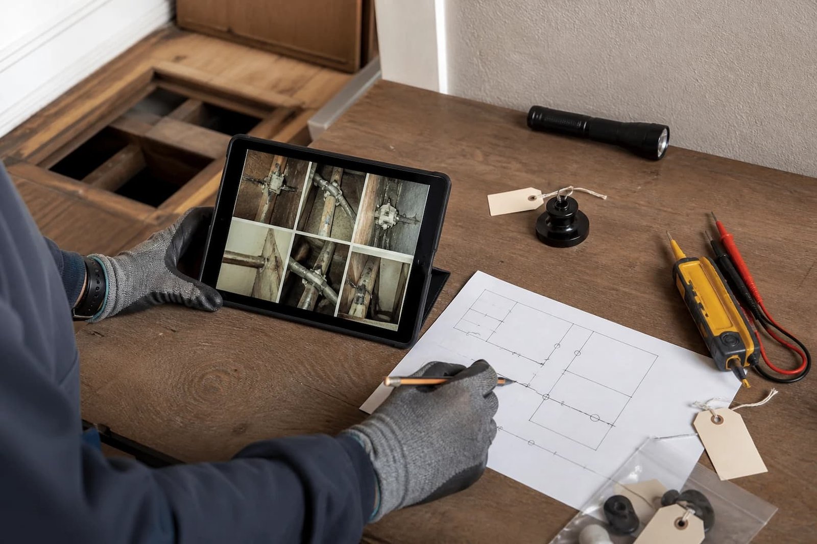 Electrician organizing photos and circuit notes for a knob-and-tube inspection report