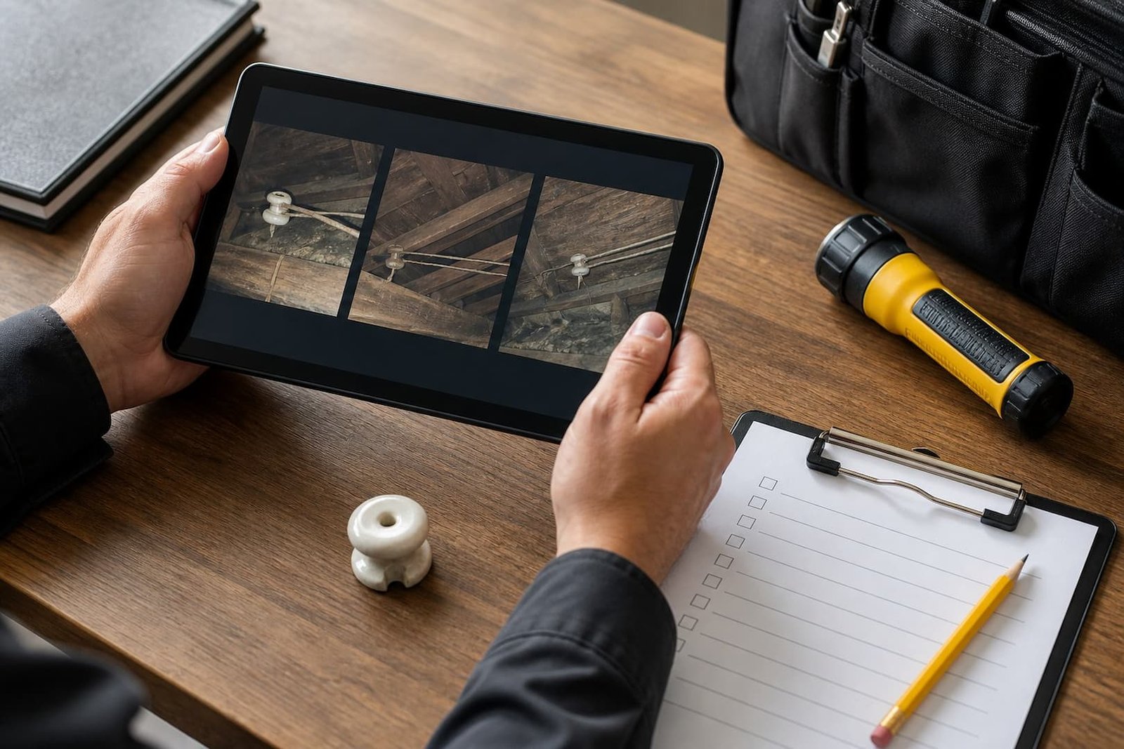 Electrician organizing photos and notes for a wiring inspection report