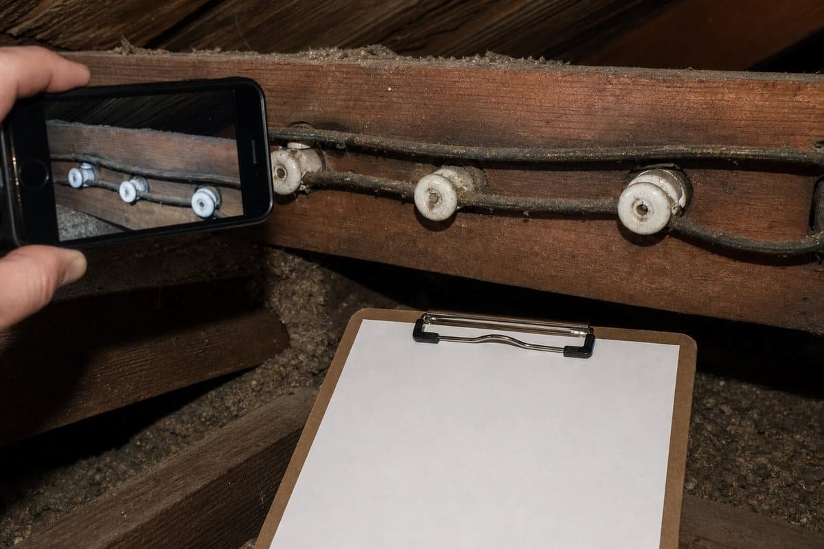 Knob-and-tube wiring photographed during an attic inspection