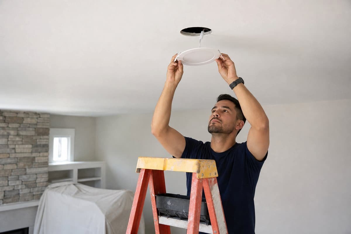 Electrician installing a canless recessed LED light