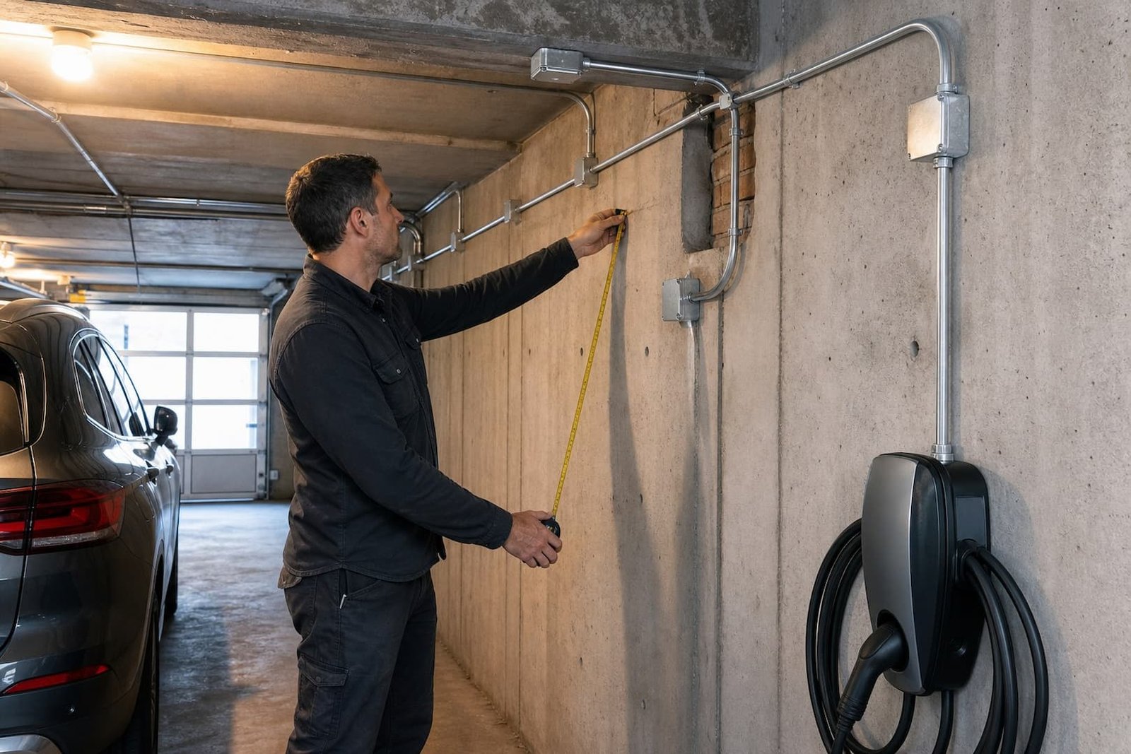Electrician measuring a long conduit route for an EV charger