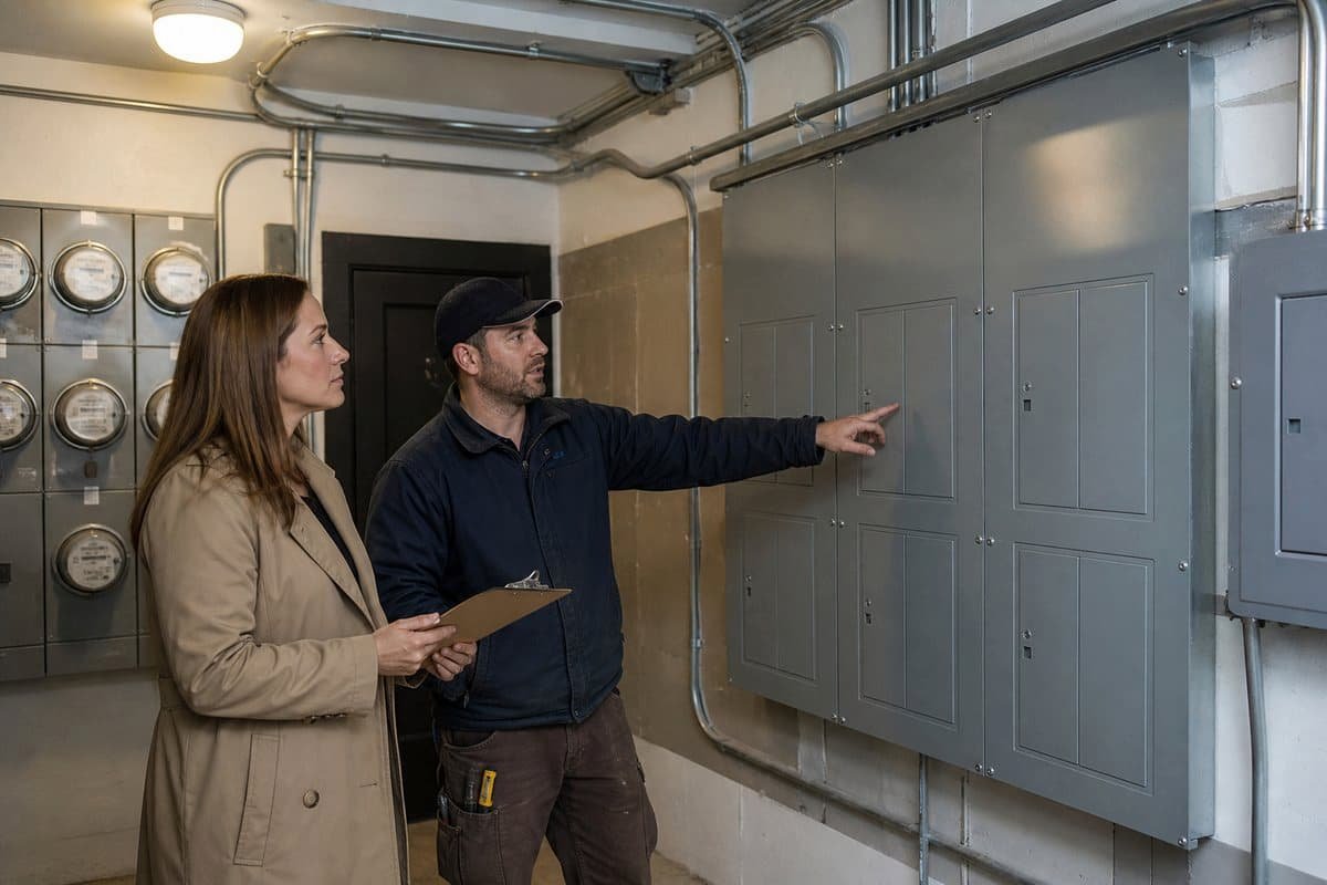Electrician and property manager reviewing apartment electrical panels