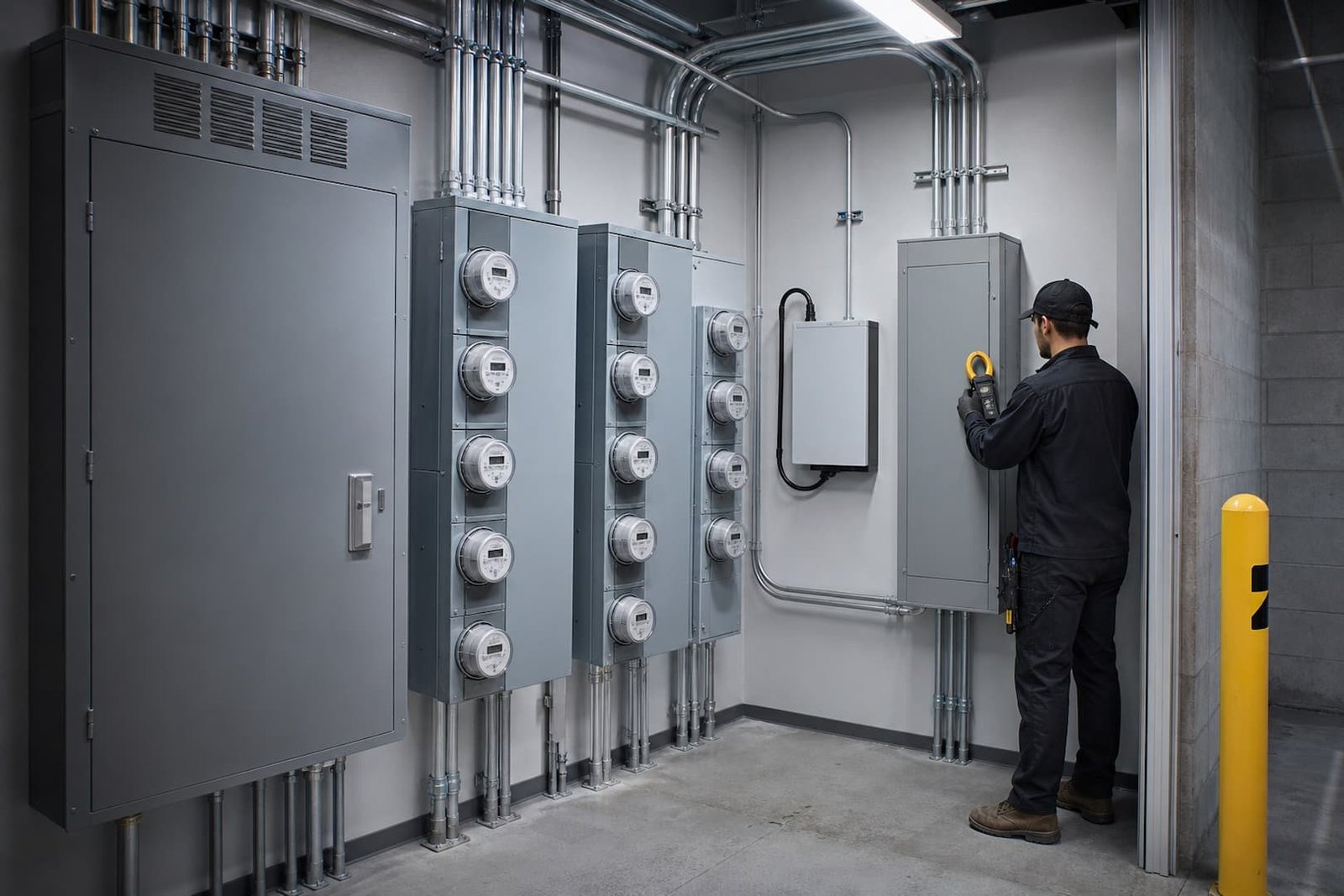 Electrician assessing multifamily electrical capacity for EV charging