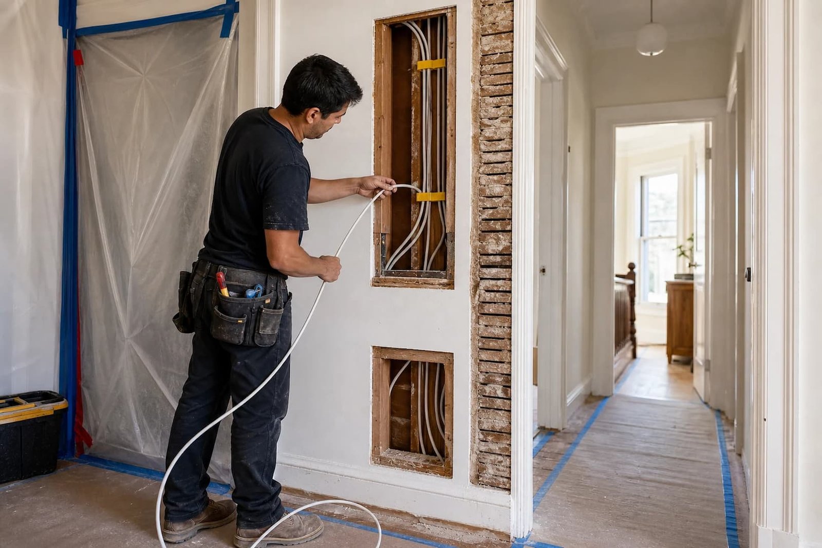 Electrician routing new cable through planned access openings in an older San Francisco home