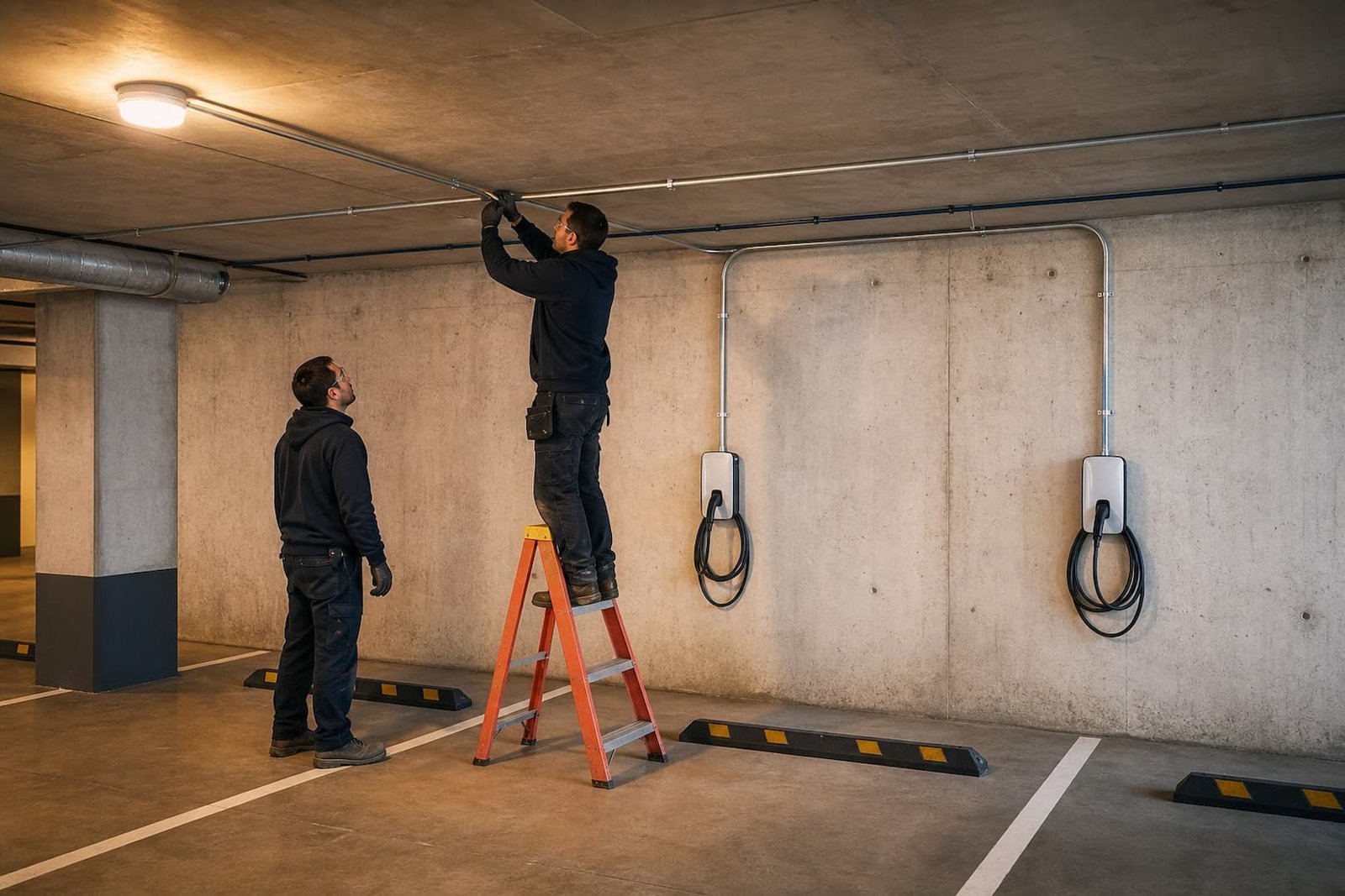 Electricians routing conduit for chargers in a shared garage
