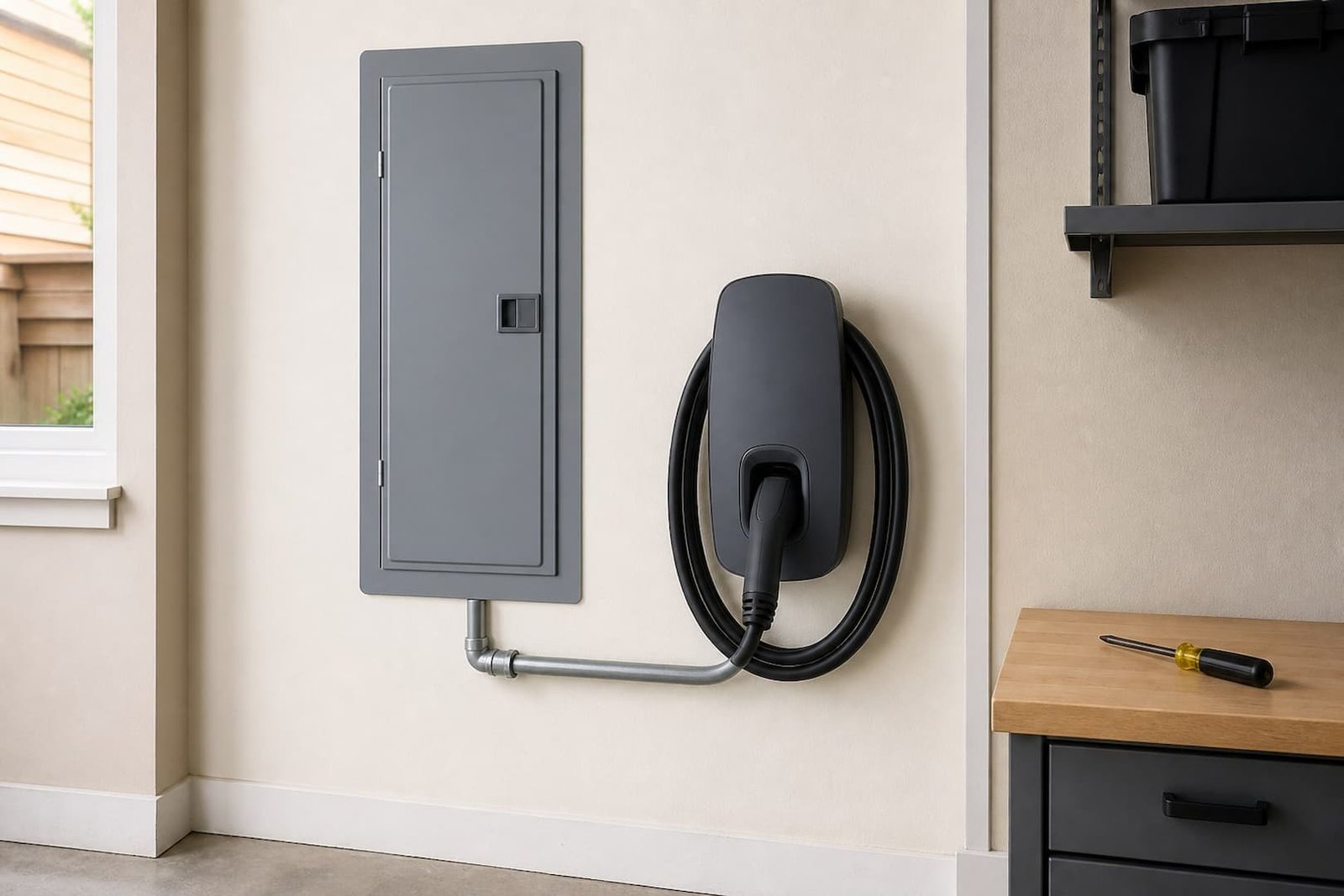 Simple EV charger installation beside an electrical panel