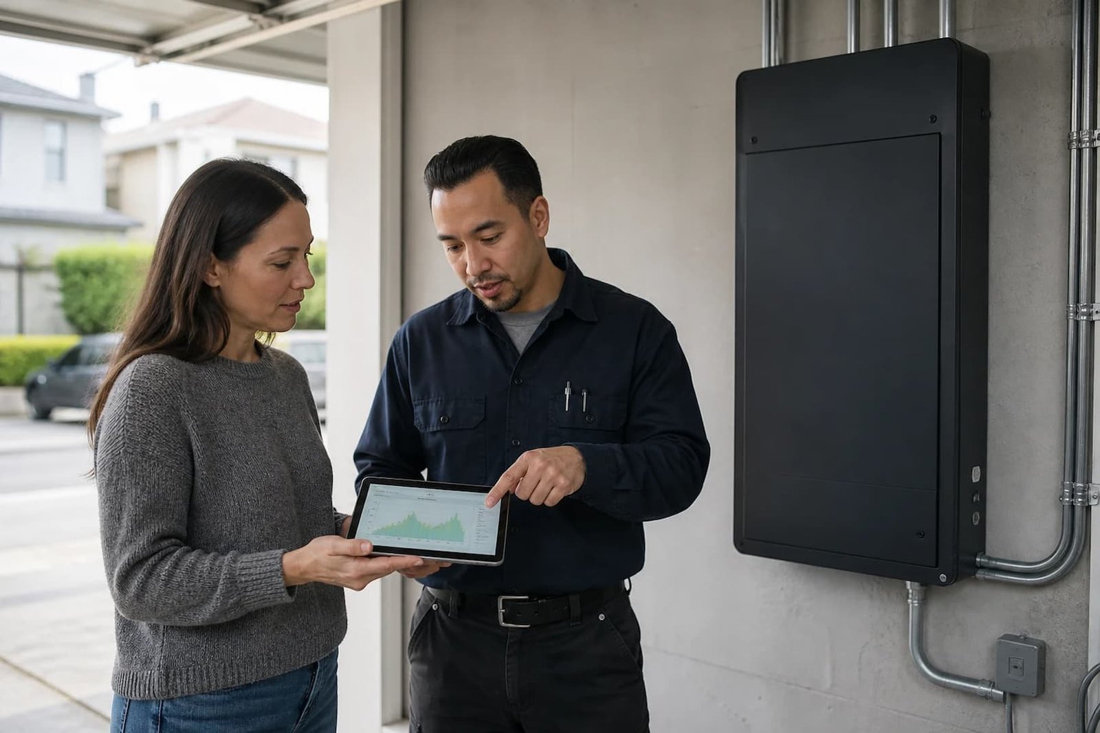 Homeowner reviewing circuit-level energy information with an electrician after smart panel installation