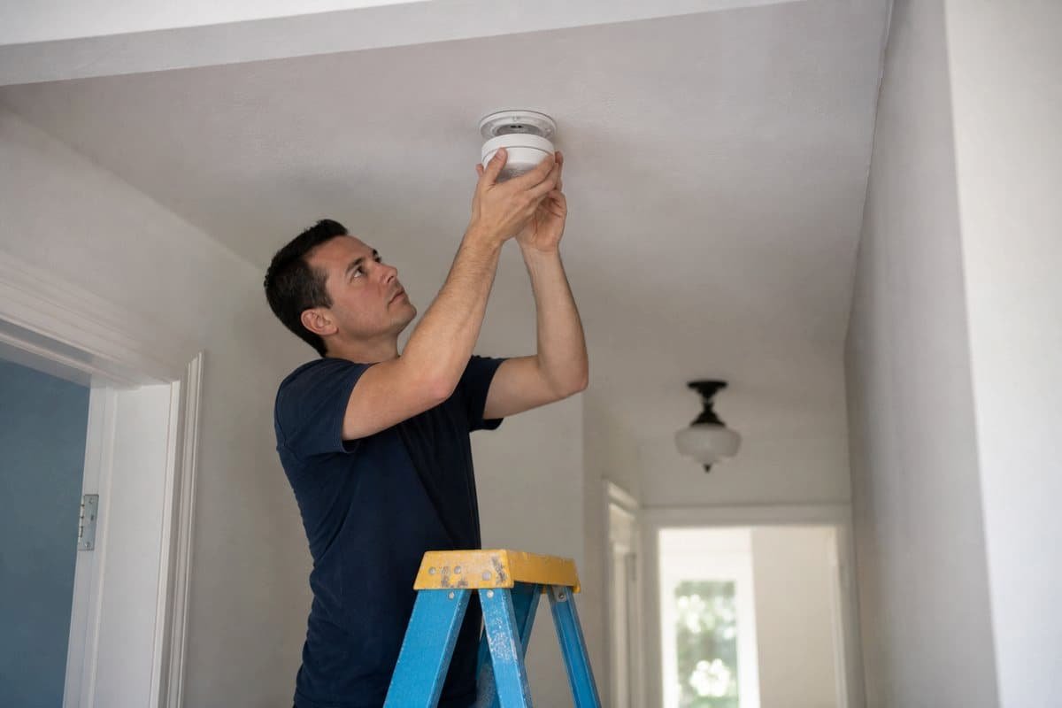 Electrician installing a hardwired smoke detector on a ceiling