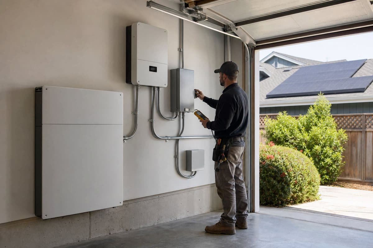 Residential solar inverter and wall battery system in a garage