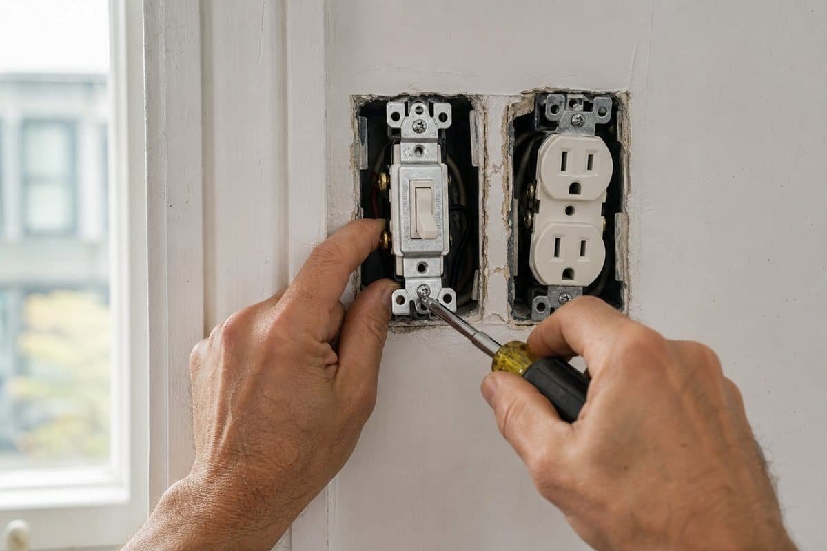Electrician replacing a wall switch and outlet