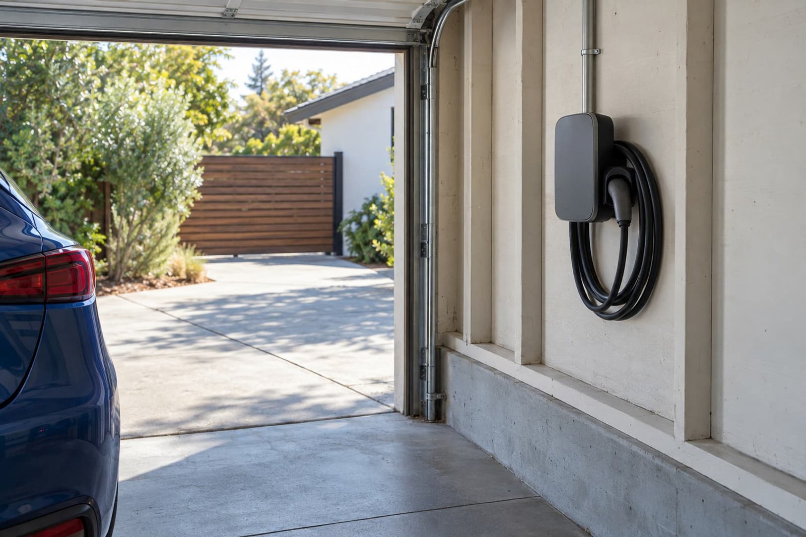 Charging equipment on the wall of a detached garage