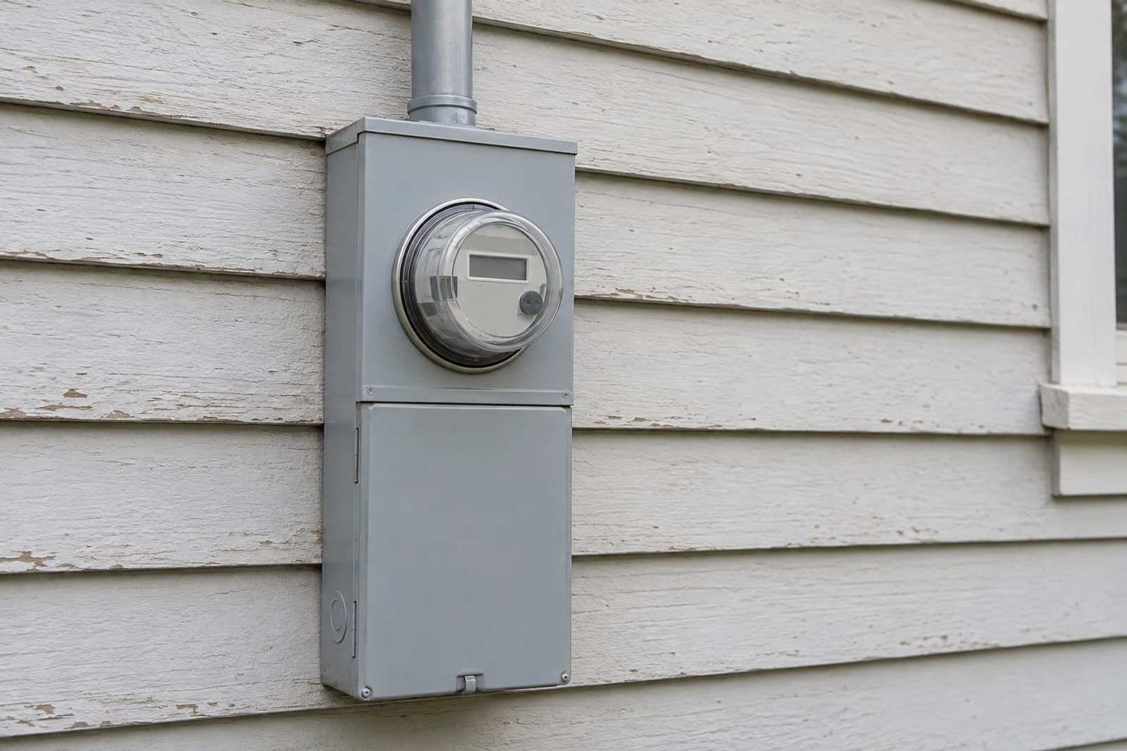 Closed exterior service equipment beside painted siding
