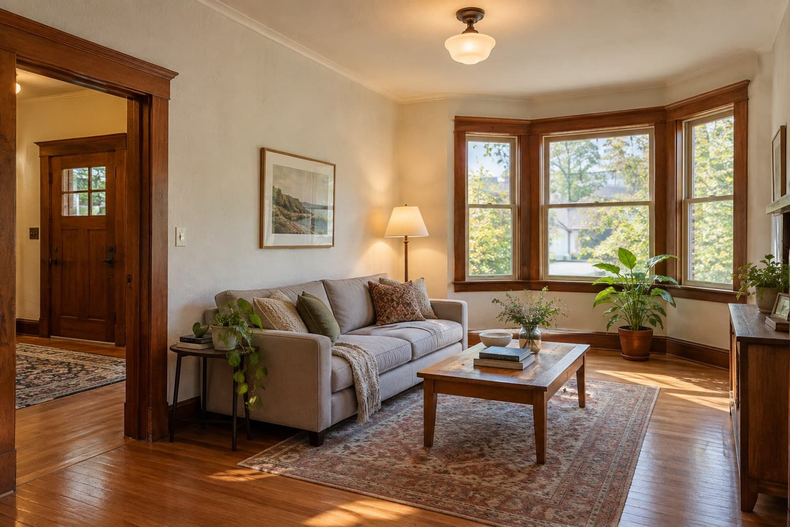 Living room with original trim and updated lighting