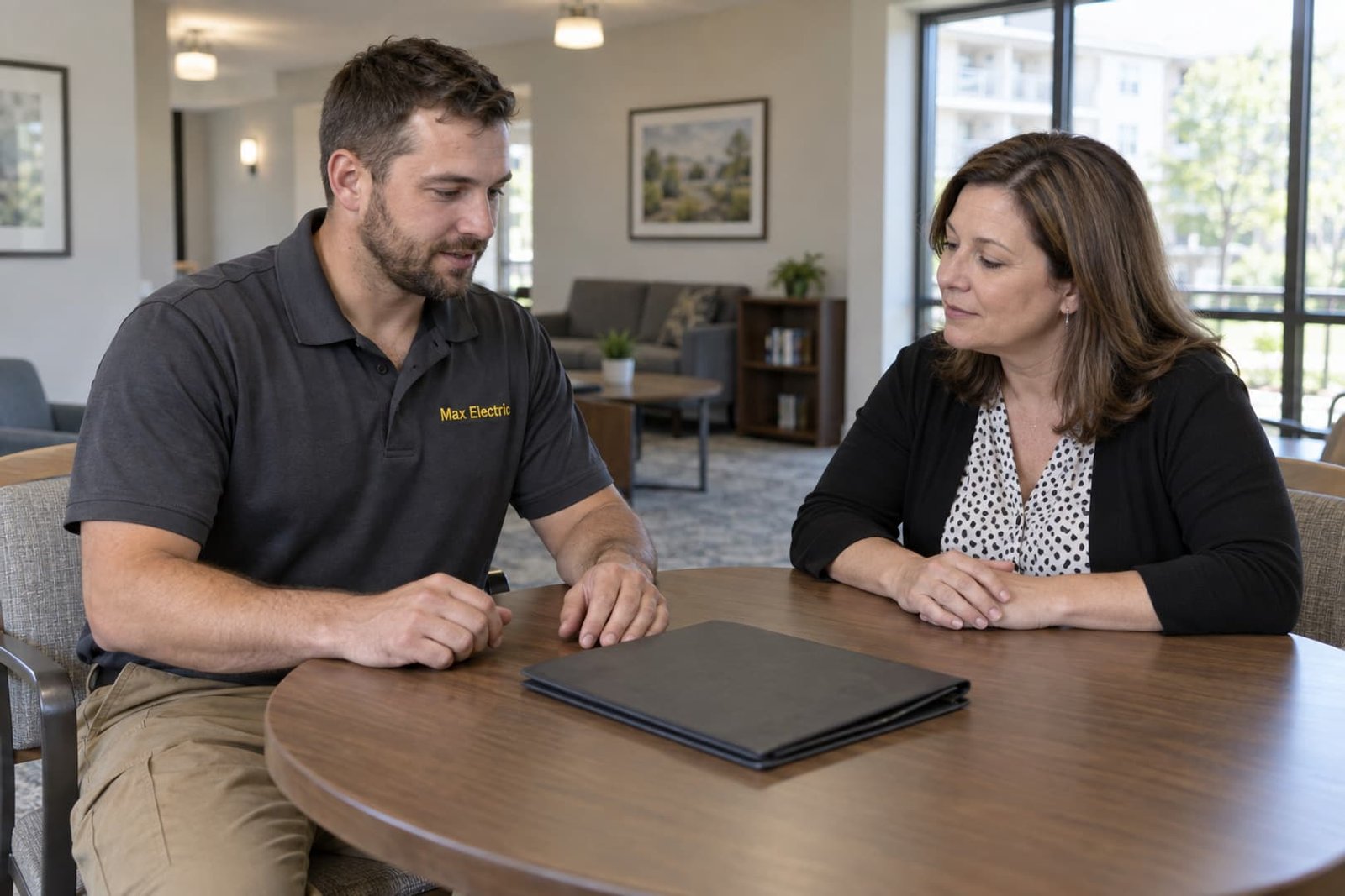 Electrician discussing an electrical project with a property manager