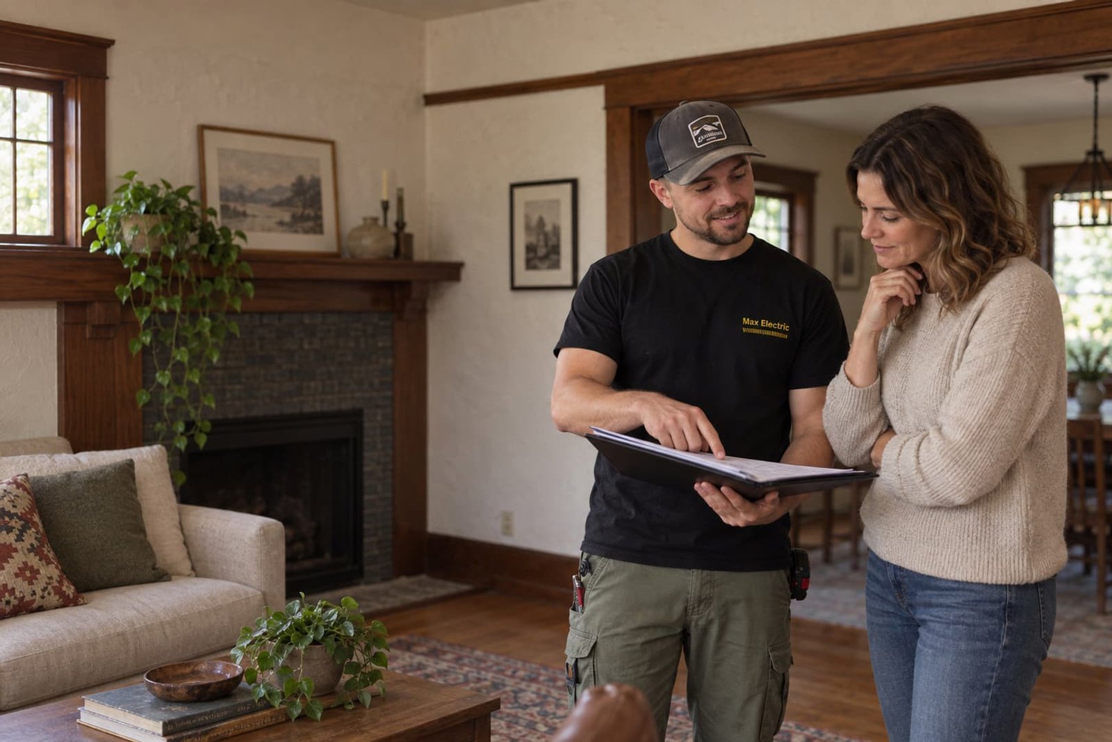 Electrician discussing a wiring project in a finished living room