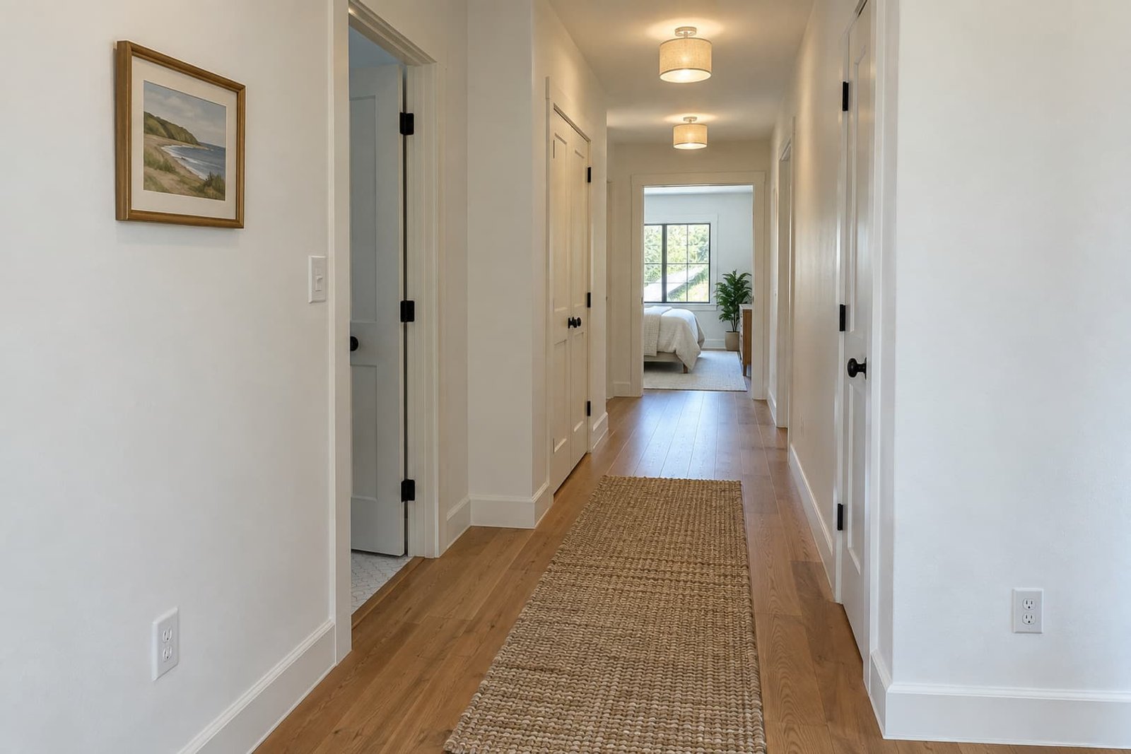Finished hallway with wall outlets and ceiling lighting