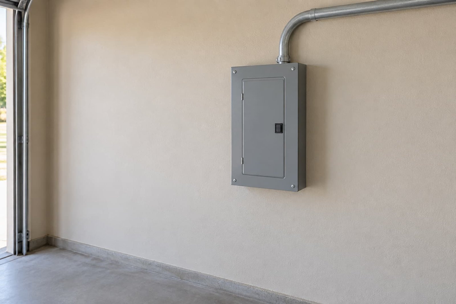 Closed garage electrical subpanel with accessible conduit