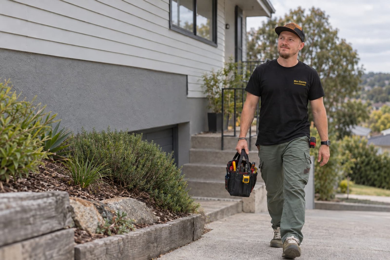 Electrician arriving along a residential walkway