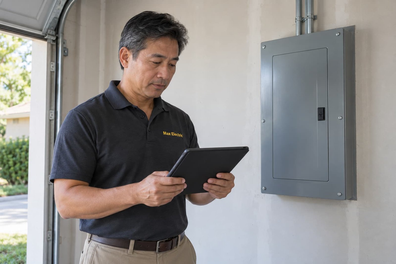 Electrician reviewing equipment details beside a closed panel