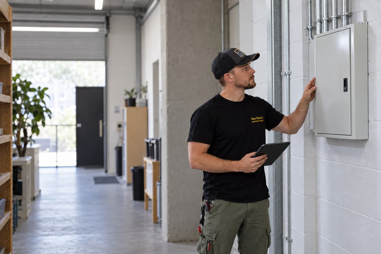 Electrician reviewing a closed cabinet in a commercial work area
