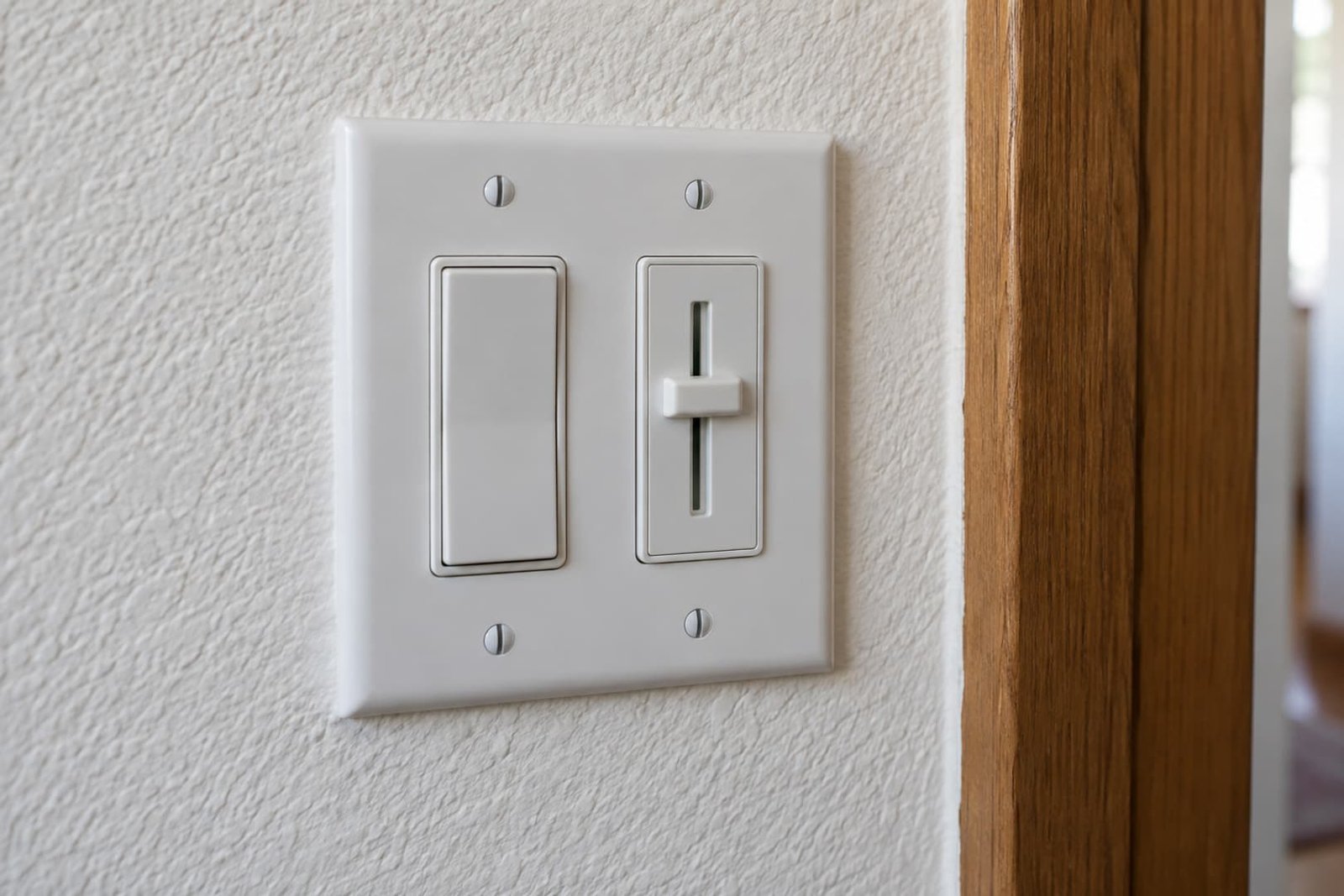 Wall-mounted lighting controls beside a doorway