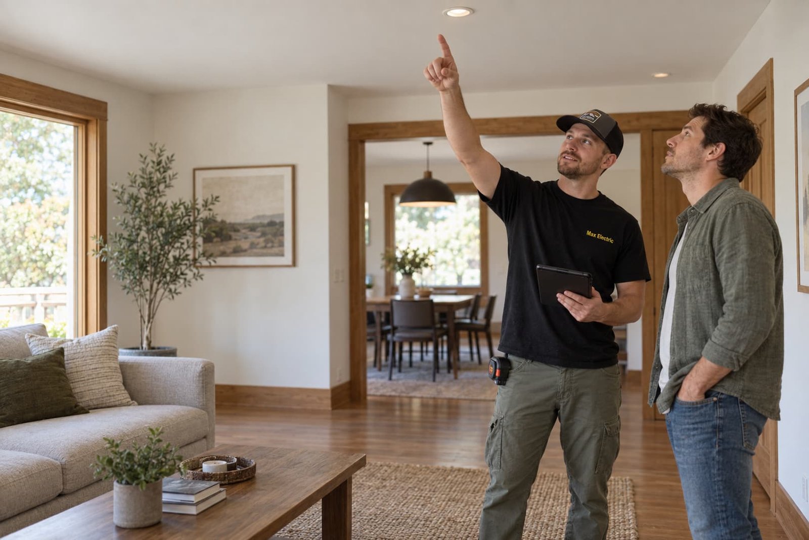 Electrician and homeowner reviewing living room lighting
