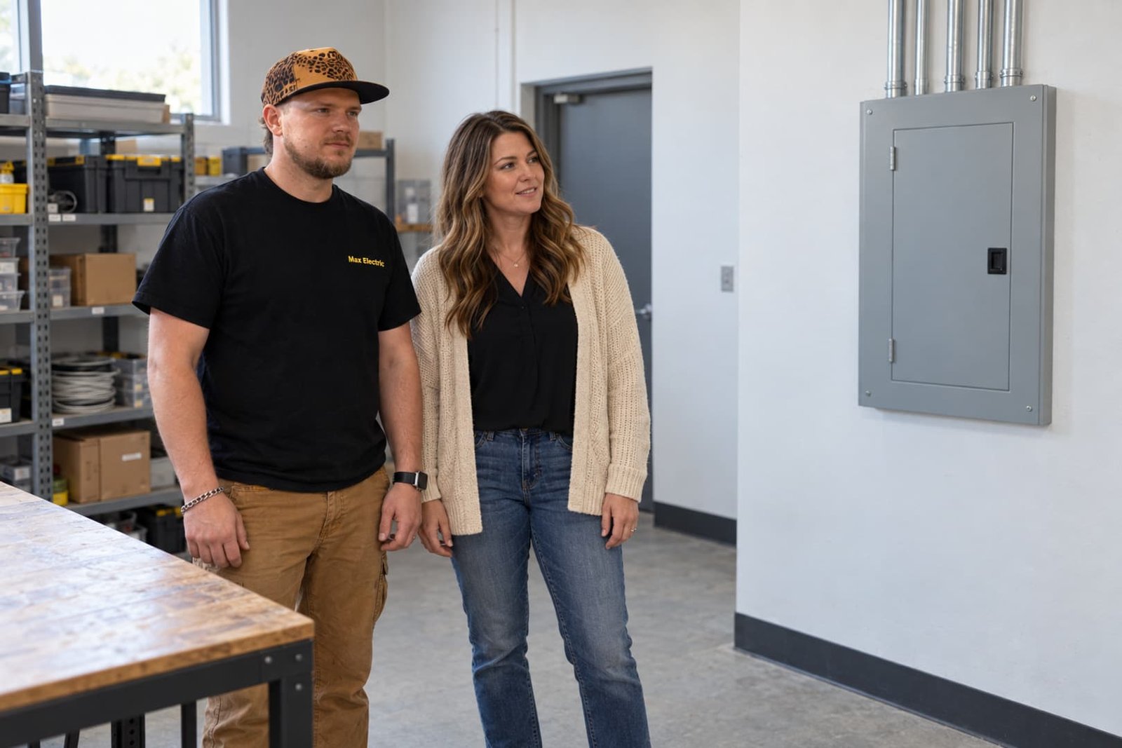 Electrician planning work with a business manager
