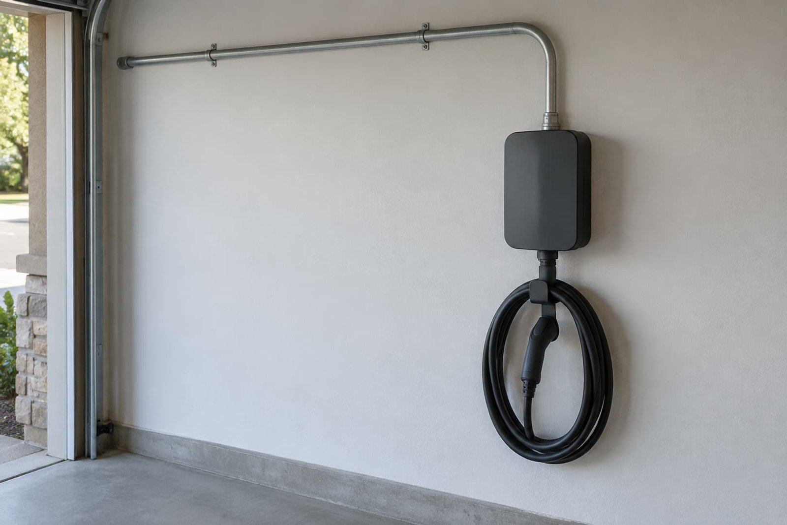 Orderly conduit route to a garage EV charger